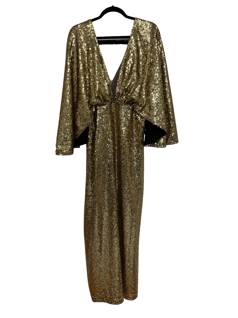 NEW BABEYOND Scoop Neck Sheer Angel Sleeve Maxi Dress Gold Sequin - Size 2X - Picture 4 of 14